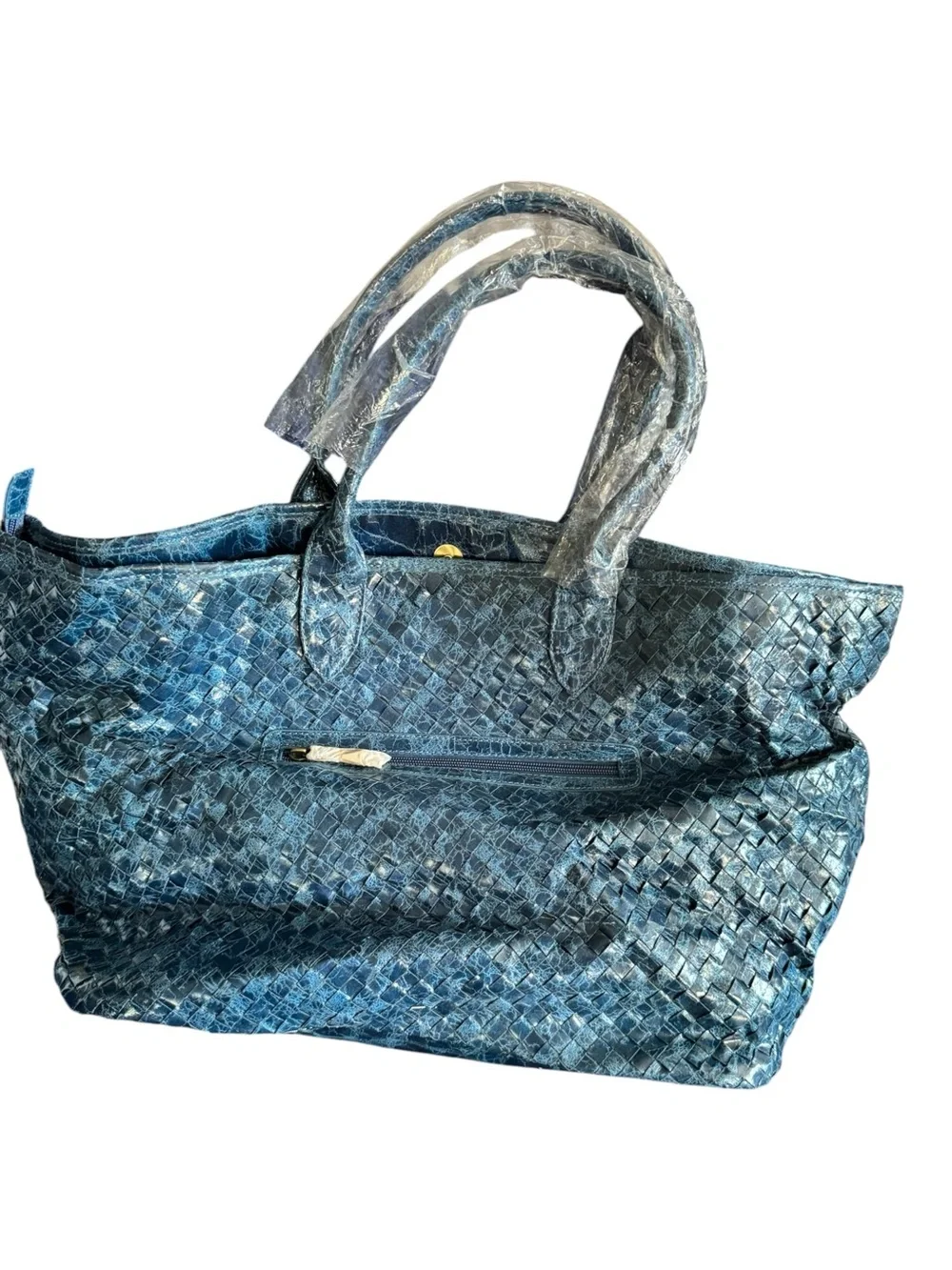 Woven Blue Leather Tote Bag - Women